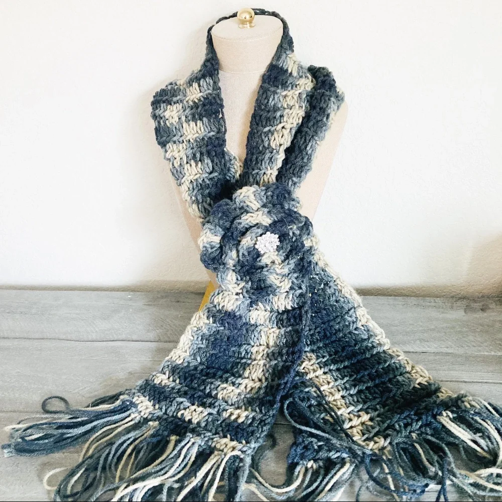 Hand Knit Blue Gray Cream Chunky Scarf Fringe Flower Detail
